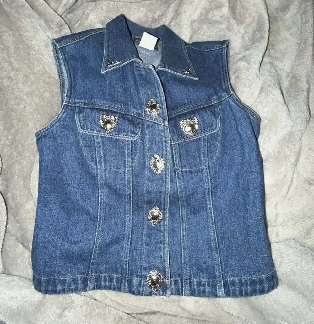 Silver River Denim Vest with Embellished Buttons
